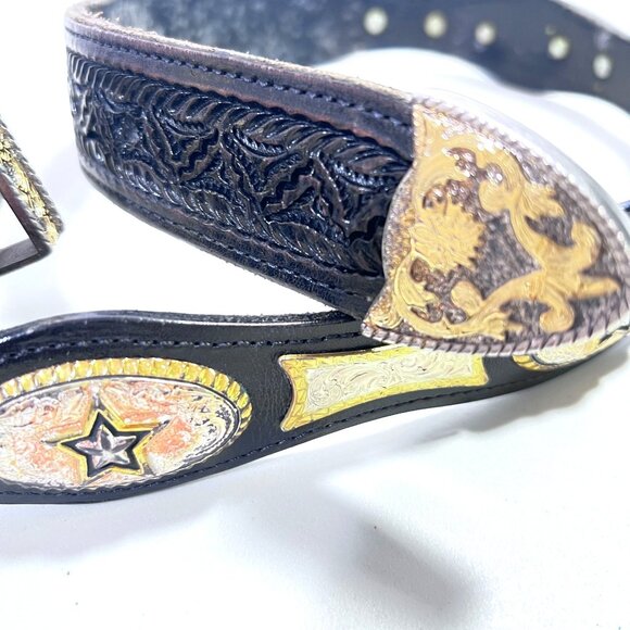 Vtg Western Tooled Leather Belt Silver & Gold Star Conchos Black Sz 38 Unisex - Picture 3 of 14